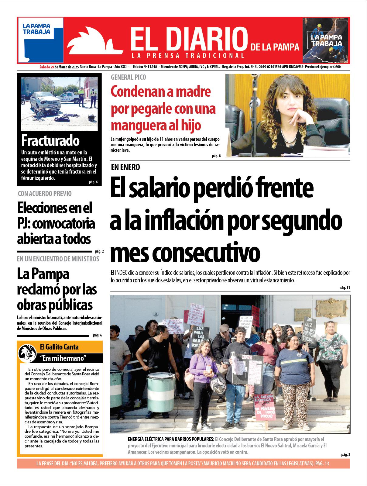 Tapa de El Diario en papel  saacutebado 29 de marzo de 2025